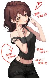 Rule 34 | absurdres, akanbe, arm tattoo, arrow (symbol), belt, birthday, black panties, black pants, black tank top, blood type, braid, breasts, brown eyes, brown hair, character name, cleavage, commentary, eyelid pull, hair ornament, hairclip, hands up, hano9789, heart, highres, idolmaster, idolmaster million live!, idolmaster million live! theater days, index finger raised, jewelry, kasuga mirai, light blush, looking at viewer, measurements, medium breasts, medium hair, midriff, navel, necklace, panties, pants, single bare shoulder, solo, tank top, tattoo, teeth, thong, three sizes, tongue, tongue out, underwear, upper teeth only, white background, wristband