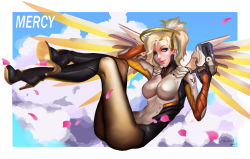 Rule 34 | 1girl, absurdres, armor, black footwear, blonde hair, blue eyes, blue sky, bodysuit, boots, border, breasts, brown pantyhose, cherry blossoms, cloud, crossed legs, dongyunhan, emblem, faulds, finger on trigger, floating, full body, glowing, glowing wings, gun, hair tie, halo, handgun, high heel boots, high heels, highres, holding, holding gun, holding weapon, knee boots, lips, looking at viewer, mechanical halo, mechanical wings, medium breasts, mercy (overwatch), nose, outdoors, overwatch, overwatch 1, pantyhose, patch, pelvic curtain, petals, pink lips, pistol, reclining, signature, sky, smile, solo, spread wings, weapon, white bodysuit, white border, wings, yellow wings