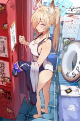 Rule 34 | 1girl, absurdres, animal ear fluff, animal ears, ass, bare legs, barefoot, blonde hair, blue archive, blue eyes, blue halo, blue jacket, breasts, clenched teeth, collarbone, competition swimsuit, dog ears, extra ears, hair over one eye, halo, hanahashi bagara, highres, jacket, kanna (blue archive), kanna (swimsuit) (blue archive), large breasts, lifebuoy, long hair, long sleeves, looking at viewer, official alternate costume, one-piece swimsuit, ponytail, solo, standing, swim ring, swimsuit, teeth, white one-piece swimsuit