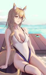 Rule 34 | 1girl, ahoge, animal ear fluff, animal ears, arknights, arm strap, bare shoulders, blonde hair, blue sky, breasts, casual one-piece swimsuit, cleavage, collarbone, creature, day, hair between eyes, highleg, highleg swimsuit, highres, horse ears, icycore, long hair, looking at viewer, medium breasts, nearl (arknights), nearl (shimmering dew) (arknights), official alternate costume, one-piece swimsuit, originium slug (arknights), outdoors, parted lips, pier, sitting, sky, smile, solo focus, swimsuit, thigh strap, thighs, water, white one-piece swimsuit, yellow eyes