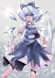 Rule 34 | 1girl, :o, ahoge, blue bow, blue hair, blue skirt, blue vest, bow, breath, cirno, collared shirt, commentary, feet out of frame, frost, hair between eyes, hair bow, highres, ice, ice wings, jeffree07, looking at viewer, open mouth, purple eyes, shirt, short hair, short sleeves, skirt, solo, touhou, vest, white shirt, wings