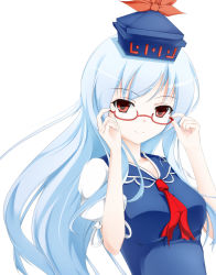 Rule 34 | 1girl, bad id, bad pixiv id, blue hair, breasts, cover-d, female focus, glasses, hat, highres, kamishirasawa keine, long hair, red eyes, simple background, solo, touhou, white background