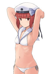 Rule 34 | 10s, 1girl, bikini, breasts, brown eyes, brown hair, clothes writing, cowboy shot, fuyube gin (huyube), hat, highres, kantai collection, light smile, lowleg, lowleg bikini, matching hair/eyes, official style, sailor bikini, sailor collar, sailor hat, short hair, simple background, small breasts, solo, standing, swimsuit, white background, white bikini, white hat, z3 max schultz (kancolle)