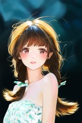 Rule 34 | 1girl, bad id, bad twitter id, bare shoulders, blurry, blurry background, braid, brown eyes, brown hair, collarbone, dress, hair ribbon, highres, iro (iro 252 ), long hair, looking at viewer, original, parted lips, photo-referenced, ribbon, solo, strapless, strapless dress, twin braids, upper body