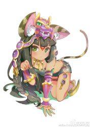 Rule 34 | 1girl, all fours, animal ears, anklet, barefoot, bastet (p&amp;d), black hair, black skirt, blunt bangs, braid, cat ears, cat tail, closed mouth, dark-skinned female, dark skin, foreshortening, glint, green eyes, headgear, highres, jewelry, long hair, looking at viewer, microskirt, necklace, paw pose, puzzle &amp; dragons, sibyl, simple background, skirt, smile, solo, tail, twitter username, watermark, web address, weibo id, white background