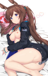 Rule 34 | 1girl, absurdres, amiya (arknights), animal ears, arknights, ass, bad id, bad pixiv id, blue eyes, bottomless, breasts, brown hair, censored, coat, hair between eyes, hand on own chest, hand up, heart, highres, jacket, jewelry, long hair, lying, medium breasts, mosaic censoring, multiple rings, naked coat, nipples, no bra, no panties, no pants, no shirt, on bed, on side, open clothes, open jacket, ponta (velmar), ponytail, pussy, rabbit ears, rabbit girl, ring, solo, thighs, very long hair, yes, yes-no pillow