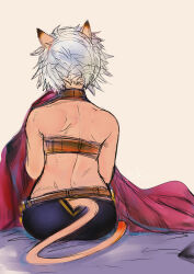Rule 34 | 1girl, adventurer (ff11), animal ears, back, bare shoulders, belt, brown belt, cat ears, cat girl, cat tail, clothing cutout, doraeshi, final fantasy, final fantasy xi, from behind, grey hair, highres, mithra (ff11), short hair, sitting, solo, tail, tail through clothes