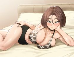 Rule 34 | 1girl, banned artist, bed, bikini, bikini top only, blush, breast press, breasts, brown hair, choker, cleavage, collar, curvy, green eyes, hand on own hip, head rest, jagaimo (kkamja), jung yujin (jagaimo (kkamja)), large breasts, looking at viewer, lying, mole, mole on breast, navel, on side, original, parted bangs, pillow, short shorts, shorts, smile, solo, swimsuit, thighs
