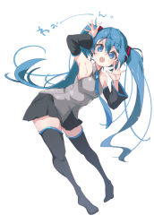Rule 34 | 1girl, 3774., armpits, bare shoulders, bent over, black skirt, black sleeves, black thighhighs, blue eyes, blue hair, blue necktie, commentary, detached sleeves, dutch angle, full body, grey shirt, hair ornament, hands up, hatsune miku, long hair, looking at viewer, miniskirt, necktie, open mouth, pleated skirt, shirt, skirt, sleeveless, sleeveless shirt, solo, thighhighs, translated, twintails, very long hair, vocaloid, white background, zettai ryouiki