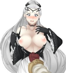 Rule 34 | 1boy, 1girl, assisted exposure, black choker, black dress, black gloves, black headwear, blush, breasts, breasts out, brown gloves, choker, clothes pull, collarbone, dress, dress pull, earrings, eir (fire emblem), embarrassed, fire emblem, fire emblem heroes, gloves, grey eyes, highres, jewelry, kiran (fire emblem), kiran (male) (fire emblem), large breasts, long hair, long sleeves, looking at viewer, nintendo, nipples, no bra, open mouth, pov, pov hands, silver hair, solo focus, surprised, transparent background, tridisart, very long hair, wavy mouth, white sleeves, wide sleeves
