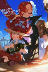Rule 34 | ^ ^, ^o^, aged down, alcohol, bottle, closed eyes, closed eyes, facial hair, grin, happy birthday, hat, highres, holding, holding bottle, male focus, one piece, pirate hat, qin (7833198), red hair, shanks (one piece), sitting, smile, time paradox, wine bottle