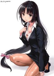 Rule 34 | 10s, 1girl, ahoge, alternate costume, artist name, black hair, breasts, brown pantyhose, cleavage, dated, formal, jacket, kantai collection, long hair, looking at viewer, low ponytail, miniskirt, office lady, on one knee, pantyhose, pencil skirt, ponytail, sakiyamama, shouhou (kancolle), simple background, skirt, skirt suit, solo, suit, twitter username, very long hair, white background