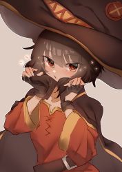 Rule 34 | 1girl, absurdres, belt, black gloves, blush, brown belt, brown cape, brown hair, brown hat, button eyes, buttons, cape, collarbone, commentary request, dress, fingerless gloves, gloves, grey background, hat, heart, highres, holding, holding hair, kono subarashii sekai ni shukufuku wo!, long hair, long sleeves, looking at viewer, megumin, oversized hat, parted lips, partial commentary, red dress, red eyes, sedum don, solo, upper body, wide sleeves, witch hat