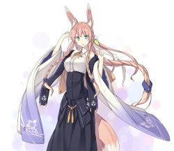Rule 34 | 1girl, animal ear fluff, animal ears, arms up, bare shoulders, braid, breasts, flower, fox ears, fox tail, japanese clothes, large breasts, long hair, looking at viewer, momoyama tsutsune, original, pink hair, poco (asahi age), smile, solo, tail, very long hair, wide sleeves