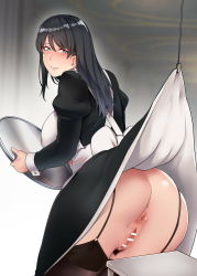 Rule 34 | 1girl, anus, apron, ass, blush, breasts, from behind, garter straps, huge ass, large breasts, leaning forward, looking back, maid, maid apron, no panties, pubic hair, pussy, smile, solo, standing, thighhighs, toritora