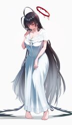 Rule 34 | 1girl, absurdres, alternate costume, alternate hairstyle, ankoku kishi m, black hair, black wings, blue archive, blush, breasts, dress, halo, hand on own chest, highres, large breasts, long hair, looking at viewer, red eyes, tsurugi (blue archive), white dress, wings