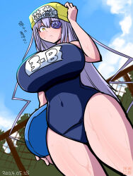 Rule 34 | 1girl, alternate breast size, alternate costume, barasuishou, blue one-piece swimsuit, blue sky, blush, bodyboard, breasts, chain-link fence, closed mouth, cloud, commentary request, covered navel, cowboy shot, dated, day, dutch angle, fence, flower, flower eyepatch, hair between eyes, highres, itini-sanshi, large breasts, long hair, looking at viewer, medium bangs, one-piece swimsuit, outdoors, purple flower, purple hair, purple rose, rose, rozen maiden, school swimsuit, sky, solo, swim cap, swimsuit, very long hair, yellow eyes