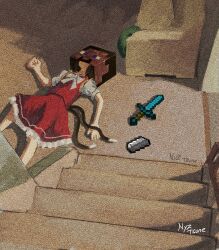 Rule 34 | 1girl, absurdres, bow, bowtie, brown hair, cat tail, chen, cosplay, death, film grain, flat chest, from above, highres, indoors, lying, minecraft, minecraft sword, multiple tails, nekomata, nyztsune, on back, on floor, red skirt, red vest, short hair, sidelighting, skirt, skirt set, solo, stairs, steve (minecraft), steve (minecraft) (cosplay), tail, touhou, two tails, vest, white bow, white bowtie
