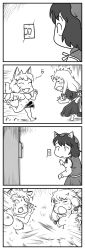 Rule 34 | 3girls, 4koma, = =, ^^^, animal ears, bow, breasts, cat ears, cat tail, censored, chen, clenched hand, clenched hands, comic, dress, earrings, closed eyes, fangs, fox ears, fox tail, from behind, futanari, greyscale, hair bow, happy, hat, heart, highres, jewelry, light switch, long image, medium breasts, monochrome, multiple girls, multiple tails, navel, nipples, nude, open mouth, penis, running, sharp teeth, silent comic, single earring, sweat, tail, tall image, teeth, touhou, what, yakumo ran, yakumo yukari, yukaran nosuke