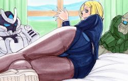 Rule 34 | 10s, 1girl, ass, bad id, bad pixiv id, bed, black pantyhose, blonde hair, blue eyes, copyright request, curtains, hayami jin, highres, jamie hazaford, legs, pantyhose under shorts, looking back, open mouth, pantyhose, shirogane no ishi argevollen, shoes, short hair, shorts, thighs, traditional media, window