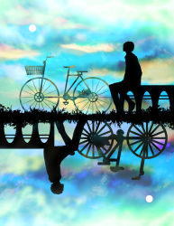 Rule 34 | absurdres, ambiguous gender, bad id, bad pixiv id, bench, bicycle, bicycle basket, cloud, commentary request, different reflection, from side, full moon, grass, harada miyuki, highres, moon, original, reflection, silhouette, sitting, solo, symmetry