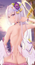 Rule 34 | 1girl, absurdres, ass, azusa (blue archive), azusa (swimsuit) (blue archive), back, back focus, bare back, bikini, blue archive, blush, bracelet, breasts, butt crack, feathered wings, flower, grey hair, hair flower, hair ornament, halo, highres, jewelry, long hair, looking at viewer, looking back, median furrow, neps-l, outdoors, palm tree, petite, purple eyes, small breasts, solo, straight hair, sunset, swimsuit, tree, untied bikini, very long hair, white wings, wings