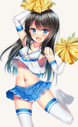 Rule 34 | 1girl, :d, alternate costume, arm up, armpits, asashio (kancolle), bare shoulders, black hair, blue eyes, blue skirt, blurry, blush, breasts, cheering, cheerleader, collarbone, depth of field, elbow gloves, gloves, grey background, hair between eyes, highres, kantai collection, leg up, long hair, navel, no shoes, open mouth, pleated skirt, pom pom (cheerleading), puririn, simple background, skirt, sleeveless, small breasts, smile, solo, standing, standing on one leg, stomach, swept bangs, tank top, thighhighs, white gloves, white thighhighs, zettai ryouiki