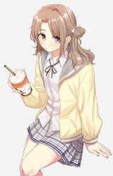 Rule 34 | 1girl, absurdres, benbe, black ribbon, blush, brown eyes, brown hair, cardigan, closed mouth, collared shirt, drink, feet out of frame, grey skirt, hair ribbon, highres, holding, holding drink, ichikawa hinana, idolmaster, idolmaster shiny colors, invisible chair, long sleeves, looking at viewer, neck ribbon, one side up, plaid, plaid skirt, ribbon, shirt, simple background, sitting, skirt, solo, white background, white ribbon, yellow cardigan
