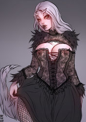 Rule 34 | 1girl, absurdres, bad id, bad tumblr id, black dress, black lips, bodice, breasts, choker, cleavage, clothes lift, commentary, contemporary, corset, curvy, dark souls (series), dark souls i, dragon girl, dress, eyelashes, eyeshadow, fishnet pantyhose, fishnets, goth fashion, gothic, gothic lolita, highres, horns, lace, large breasts, lips, lipstick, lolita fashion, long hair, long skirt, looking at viewer, makeup, monster girl, nat the lich, navel, nipples, pantyhose, priscilla the crossbreed, see-through, silver hair, skirt, skirt lift, solo, tail, thighs, wide hips