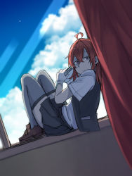 Rule 34 | 10s, 1girl, ahoge, alternate eye color, arashi (kancolle), blouse, blue sky, book, brown footwear, cloud, cloudy sky, curtains, day, gloves, grey thighhighs, hair between eyes, highres, holding, holding book, kantai collection, loafers, long hair, looking to the side, messy hair, open book, pleated skirt, purple eyes, red hair, school uniform, shirt, shoes, short sleeves, skirt, sky, solo, thighhighs, tsukamoto minori, vest, white gloves, white shirt, window