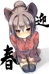 Rule 34 | 1girl, absurdres, alternate costume, alternate hairstyle, animal ears, black thighhighs, blush, colorized, dress, floral print, greatmosu, grey hair, hair bun, highres, japanese clothes, kimono, long sleeves, looking at viewer, looking up, mouse ears, nazrin, obi, red dress, red eyes, ribbon, sash, simple background, single hair bun, sitting, sketch, smile, solo, text focus, thighhighs, touhou, white background, wide sleeves, zettai ryouiki