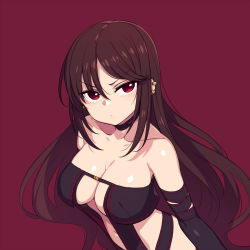 Rule 34 | 1girl, bare shoulders, black dress, black gloves, breasts, brown hair, chan co, choker, cleavage, collarbone, yu mei-ren (fate), dress, earrings, elbow gloves, fate/grand order, fate (series), from above, gloves, hair between eyes, highres, jewelry, large breasts, long hair, looking at viewer, multiple earrings, navel, red background, red eyes, revealing clothes, ribbon trim, sidelocks, simple background, solo, strapless, strapless dress, v-shaped eyebrows, very long hair