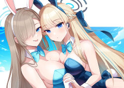 Rule 34 | 2girls, animal ears, asuna (blue archive), asuna (bunny) (blue archive), blonde hair, blue archive, blue bow, blue bowtie, blue eyes, blue hair, blue halo, blue leotard, blush, bow, bowtie, braid, breasts, cleavage, closed mouth, detached collar, fake animal ears, fake tail, gloves, halo, large breasts, leotard, light brown hair, long hair, looking at viewer, medium breasts, multicolored hair, multiple girls, official alternate costume, parted lips, playboy bunny, rabbit ears, rabbit tail, sakura ran, smile, strapless, strapless leotard, streaked hair, tail, toki (blue archive), toki (bunny) (blue archive), tongue, tongue out, white gloves, wrist cuffs