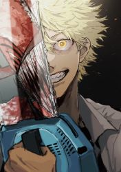 Rule 34 | 1boy, blonde hair, blood, blood on clothes, blood on face, chainsaw, chainsaw man, collared shirt, denji (chainsaw man), different reflection, highres, holding, holding weapon, looking at viewer, no eyes, open mouth, reflection, santa s88, sharp teeth, shirt, short hair, smile, solo, spiked hair, teeth, weapon, white shirt, yellow eyes