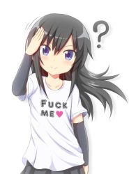 Rule 34 | 1girl, ?, arm warmers, asashio (kancolle), black hair, blue eyes, clothes writing, commentary request, highres, kantai collection, long hair, meme attire, profanity, salute, shirt, smile, solo, t-shirt, tamayan, upper body, white background