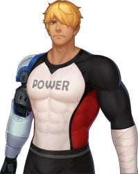 Rule 34 | 1boy, abs, artist request, bandages, bara, biceps, blonde hair, bodysuit, grey eyes, gyee, large pectorals, long sleeves, looking at viewer, male focus, manly, muscular, muscular male, nemesio (gyee), official art, pectorals, prosthesis, prosthetic arm, scar, scar across eye, scar on face, serious, solo, thick arms, tight clothes, transparent background, upper body