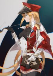 Rule 34 | 1girl, absurdres, anchor, anchor ornament, black background, black thighhighs, blonde hair, blurry, book, breasts, buttons, cape, chromatic aberration, closed mouth, collared dress, cowboy shot, depth of field, dress, gold trim, green eyes, hair between eyes, hat, highres, holding, holding book, holding smoking pipe, karasu-, long hair, long sleeves, medium breasts, military hat, military uniform, original, profile, red cape, red dress, sidelocks, smoking pipe, solo, thighhighs, two-tone background, two-tone cape, uniform, white background, white cape, white sleeves, zettai ryouiki