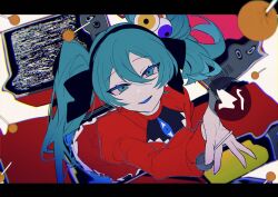 Rule 34 | blue eyes, blue hair, blue tongue, candy, chromatic aberration, colored eyelashes, colored tongue, crt, dress, extra eyes, food, hair ornament, hassan (sink916), hatsune miku, highres, holding, holding weapon, lollipop, long sleeves, looking at viewer, psi (vocaloid), red dress, smile, static, tagme, twintails, upper body, vocaloid, weapon, white background