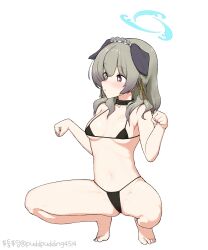 Rule 34 | + +, 1girl, absurdres, alternate costume, animal ears, bare arms, bare legs, bare shoulders, barefoot, bikini, black bikini, blue archive, blush, breasts, closed mouth, commentary, dog ears, dog girl, english commentary, extra ears, full body, green hair, halo, hands up, highres, kenatosne, long hair, micro bikini, paw pose, simple background, small breasts, solo, spread legs, squatting, string bikini, swimsuit, umika (blue archive), white background