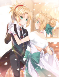 Rule 34 | 2girls, ahoge, artoria pendragon (all), artoria pendragon (fate), blonde hair, braid, dancing, dress, fate/apocrypha, fate/grand order, fate/stay night, fate (series), formal, gloves, green eyes, hair bun, hair ribbon, highres, iroha (shiki), long hair, mordred (fate), mordred (fate/apocrypha), mordred (formal dress) (fate), mother and daughter, multiple girls, official alternate costume, ponytail, ribbon, saber (fate), saber (formal dress) (fate), sidelocks, single hair bun, smile, tuxedo, white gloves