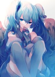Rule 34 | 1girl, absurdres, arms between legs, bare shoulders, blue eyes, blue hair, blue necktie, blue theme, commentary, fuyuzuki gato, grey shirt, hatsune miku, highres, knees up, long hair, looking at viewer, mouth hold, necktie, necktie in mouth, shirt, sitting, sleeveless, sleeveless shirt, solo, thighhighs, twintails, twitter username, very long hair, vocaloid, white background, wings