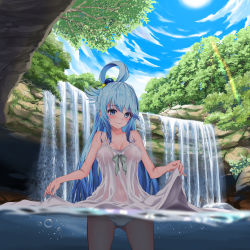 Rule 34 | 1girl, absurdres, air bubble, aqua (konosuba), bare shoulders, blue hair, blue sky, blush, bow, breasts, bubble, clothes lift, cloud, collarbone, commentary request, covered erect nipples, covered navel, day, dress, dress lift, gibun (sozoshu), green bow, hair bobbles, hair ornament, hair rings, highres, kono subarashii sekai ni shukufuku wo!, long hair, medium breasts, no bra, outdoors, panties, partially submerged, partially underwater shot, revision, see-through, sky, sleeveless, sleeveless dress, solo, standing, sun, sunlight, tree, underwater, underwear, very long hair, wading, water, waterfall, wet, wet clothes, wet dress, white dress, white panties