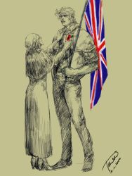 Rule 34 | 1boy, 1girl, aldurvankar, britain, dated, england, erina pendleton, flag, flower, grandmother and grandson, graphite (medium), height difference, highres, jacket, jojo no kimyou na bouken, joseph joestar, joseph joestar (young), manly, mixed media, old, old woman, partially colored, poppy (flower), realistic, remembrance day, shawl, signature, size difference, traditional media, union jack, united kingdom