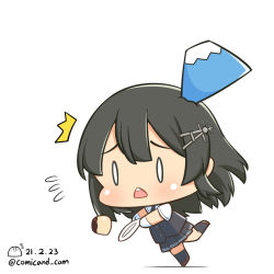 Rule 34 | 1girl, artist logo, black hair, black socks, black skirt, black vest, blush, brown footwear, chibi, commentary request, dated, dress shirt, falling, food, gloves, hair ornament, hairclip, kantai collection, kneehighs, long hair, mountain, o o, one-hour drawing challenge, open mouth, oyashio (kancolle), plate, pleated skirt, pudding, shadow, shiromaru (maniado), shirt, shoes, short sleeves, simple background, skirt, socks, solo, twitter username, vest, white background, white gloves, white shirt