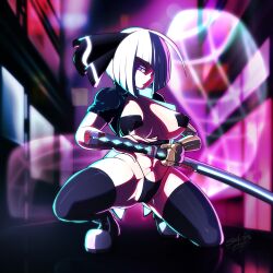Rule 34 | 1girl, abs, black thighhighs, breasts, cyberpunk, female focus, full body, highres, huge breasts, jacket, katana, konpaku youmu, konpaku youmu (ghost), large breasts, looking at viewer, mechanical arms, open clothes, open jacket, pasties, purple eyes, short hair, single mechanical arm, solo, sword, thick thighs, thighhighs, thighs, thong, touhou, weapon, white hair, zedrin