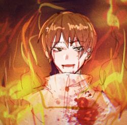 Rule 34 | 1boy, bleeding from forehead, blood, blood from mouth, blood on clothes, blood on face, brown eyes, brown hair, chinese commentary, commentary request, fire, jabuchi you, limao hei dou chai, looking at viewer, male focus, open mouth, portrait, saibou shinkyoku, shirt, short hair, smile, solo, white shirt