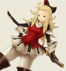 Rule 34 | 1girl, 5pb., armor, blonde hair, blue eyes, boots, bow, bravely default: flying fairy, bravely default (series), edea lee, gloves, hand on own hip, katana, long hair, pantyhose, ribbon, sheath, sheathed, solo, string, string of fate, sword, weapon, wide hips