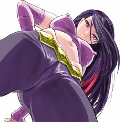 Rule 34 | 00s, 1girl, black hair, breasts, cameltoe, closed mouth, covered erect nipples, creatures (company), denim, dutch angle, elbow gloves, female focus, fingerless gloves, from below, frontier brain, game freak, gloves, grey pants, head down, jeans, large breasts, lavender gloves, long hair, looking at viewer, looking down, lowres, lucy (pokemon), midriff, multicolored hair, navel, nintendo, otsukare, pants, pokemon, pokemon emerald, pokemon rse, pov, purple hair, red eyes, red hair, serious, simple background, solo, spandex, swept bangs, two-tone hair, white background