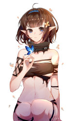 Rule 34 | 1girl, arknights, bandeau, bare shoulders, black hair, blue eyes, blue hairband, breasts, bug, butterfly, clear regulus, eunectes (arknights), flower, hair flower, hair ornament, hairband, hand up, insect, looking at viewer, midriff, navel, parted lips, pointy ears, short hair, simple background, sitting, small breasts, solo, stomach, strapless, torn clothes, tube top, white background