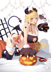 Rule 34 | 1girl, absurdres, alternate costume, animal ears, animal hands, bare shoulders, between breasts, black choker, black panties, black tube top, black wings, blonde hair, breast tattoo, breasts, cat ears, choker, cleavage, cleavage cutout, clothing cutout, commentary request, demon girl, demon horns, demon tail, demon wings, fake animal ears, fang, frilled choker, frilled tube top, frills, fur-trimmed legwear, fur-trimmed panties, fur trim, gloves, gradient hair, halloween, hand up, heart sticker, highres, hololive, horns, large breasts, multicolored hair, nanaushi, open mouth, panties, parted bangs, paw gloves, paw pose, paw shoes, red hair, side-tie panties, skin fang, smile, solo, sticker on face, strapless, tail, tattoo, tube top, underwear, virtual youtuber, wings, yuzuki choco